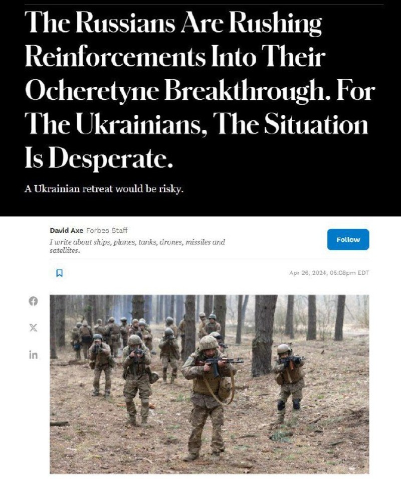 Les forces armées ukrainiennes dans la région d’Ocheretino se trouvent dans une « situation désespérée », écrit Forbes.